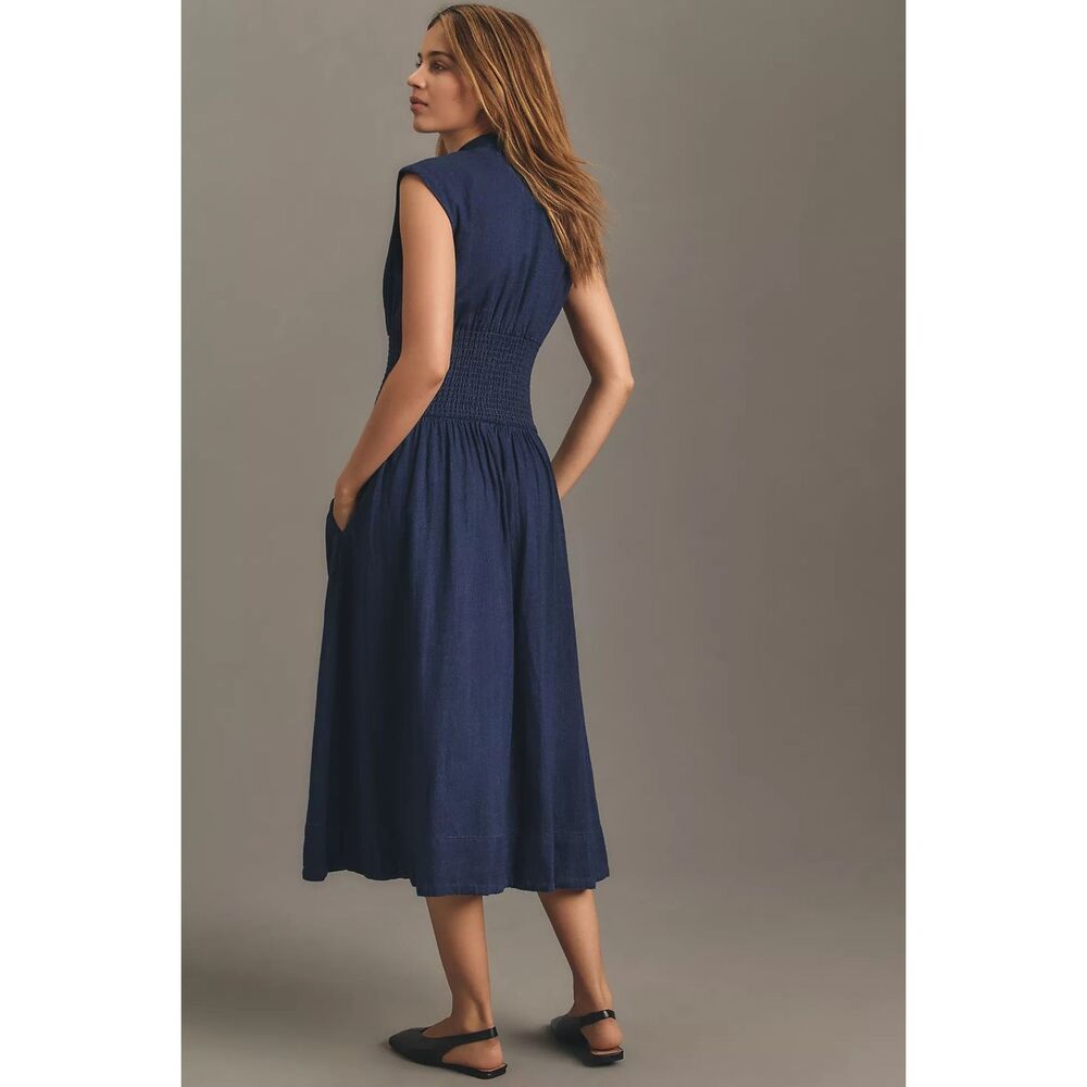 New Anthropologie The Tommie Cap-Sleeve Smocked Front-Zip Midi Shirt Dress Size - Picture 2 of 13